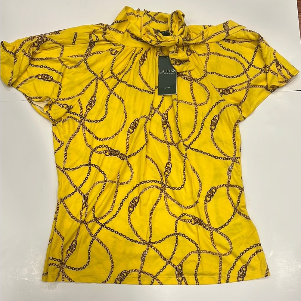New Ralph Lauren Women Bright Yellow Chain Print Blouse in size small